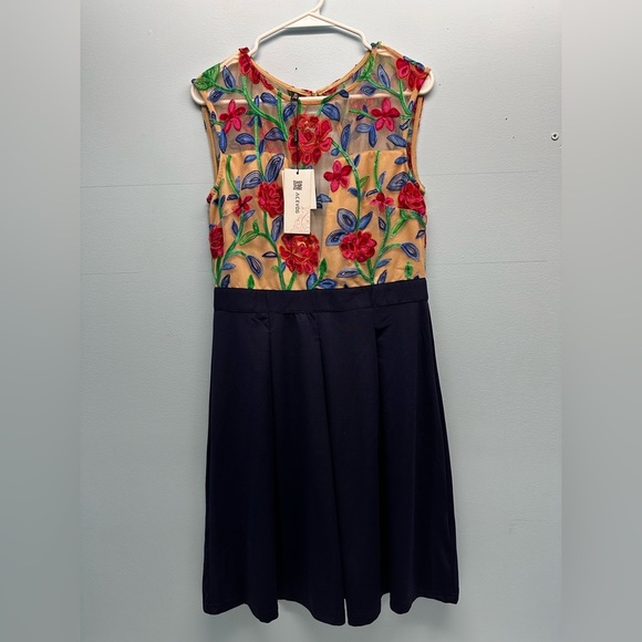 Women’s Acevog Floral Embroidered Top With Blue Bottom Sleeveless A Line Dress - Picture 1 of 4